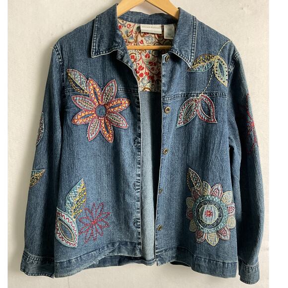 Alfred Dunner Petite Embroidered Floral Denim Jacket 12P Dark Wash - Picture 1 of 11